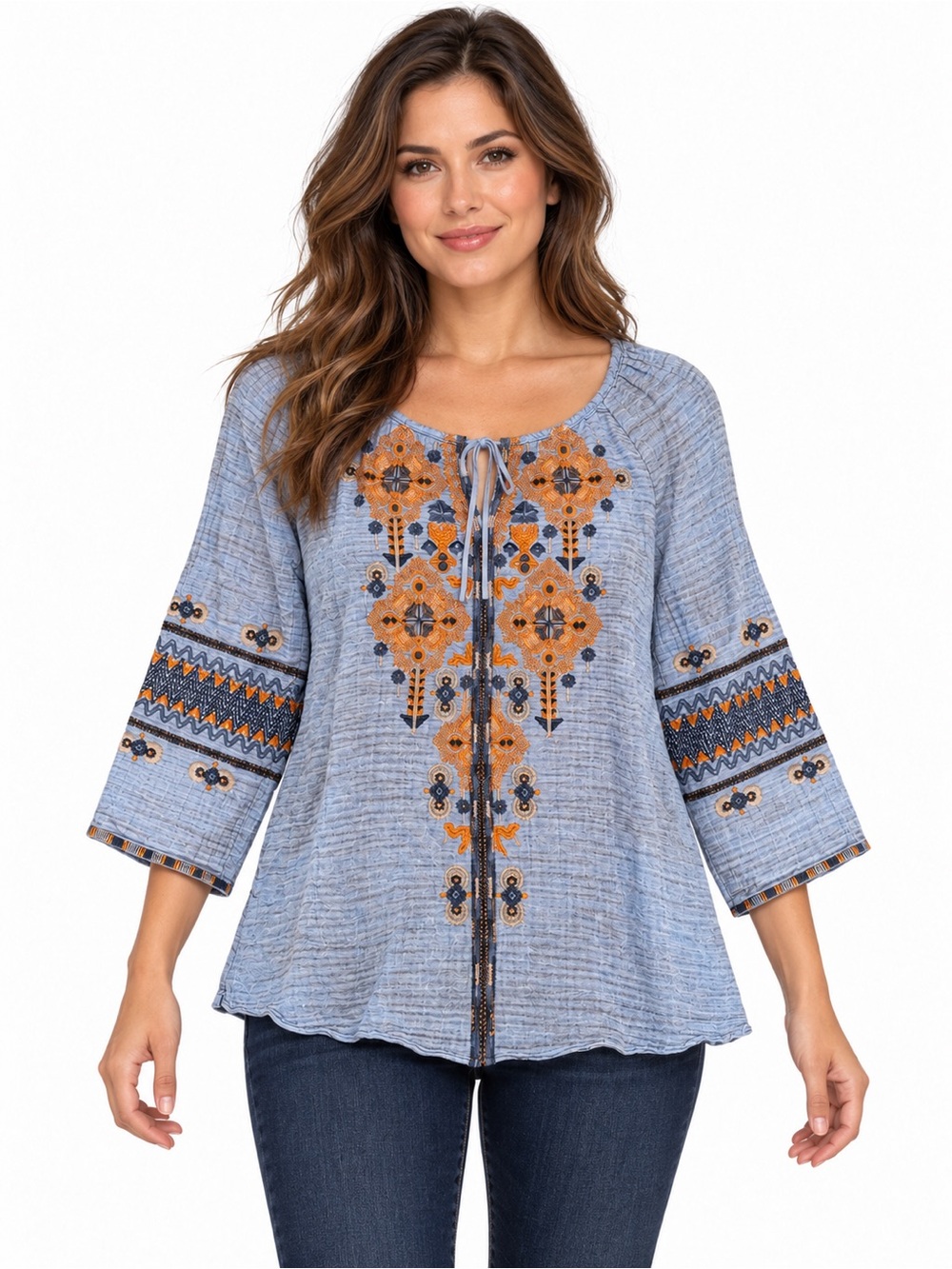 Johnny Was Amika Peasant Embroidered Gauze Blouse Blue And Orange Sz M